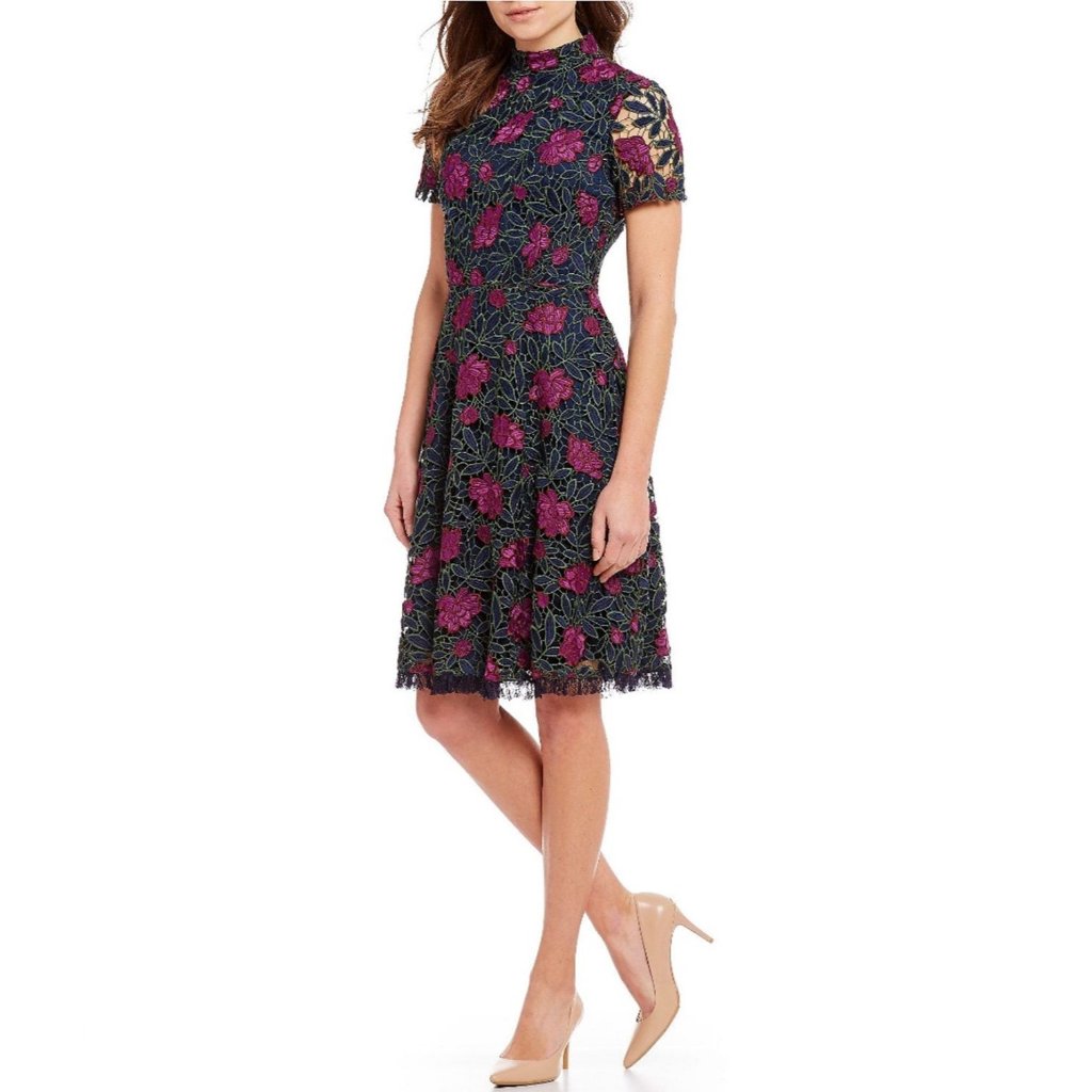 Tahari Asl Women's Floral Lace Mock Neck Cocktail Party Dress Size 12